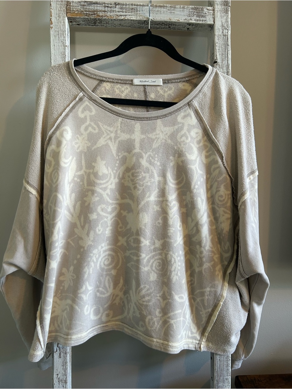 One of a kind hand bleach painted Mustard Seed top